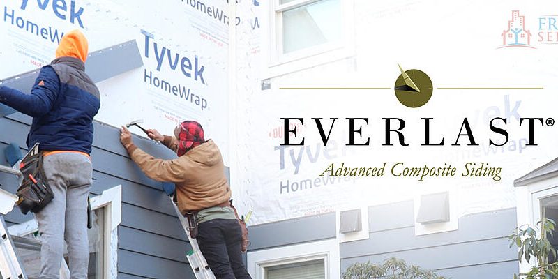 Everlast siding logo laid over stock photo of men installing siding