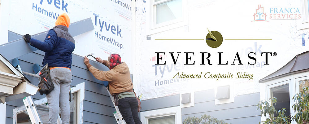 Everlast siding logo laid over stock photo of men installing siding